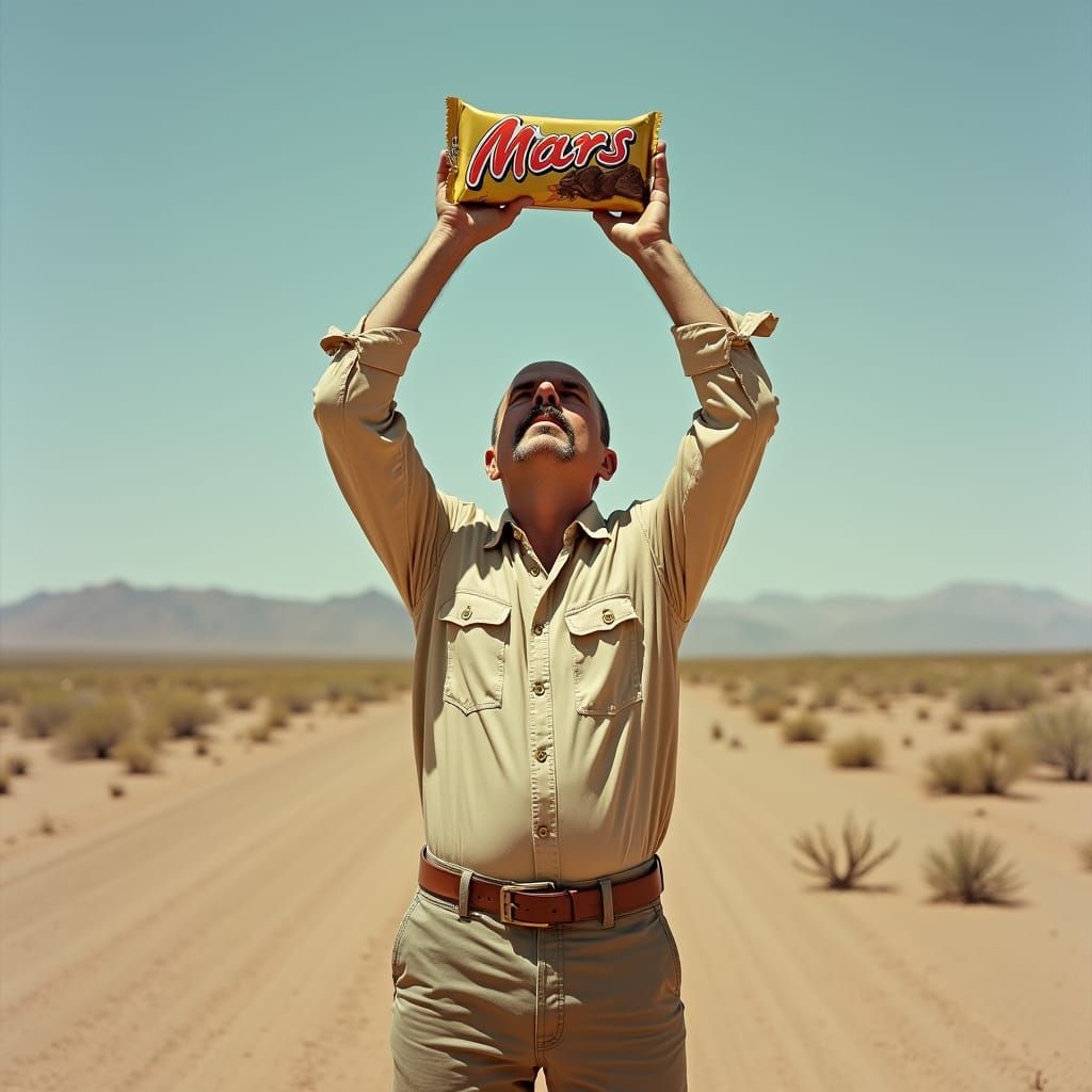 Man in Desert Holding Mars Bar: Surreal Realism