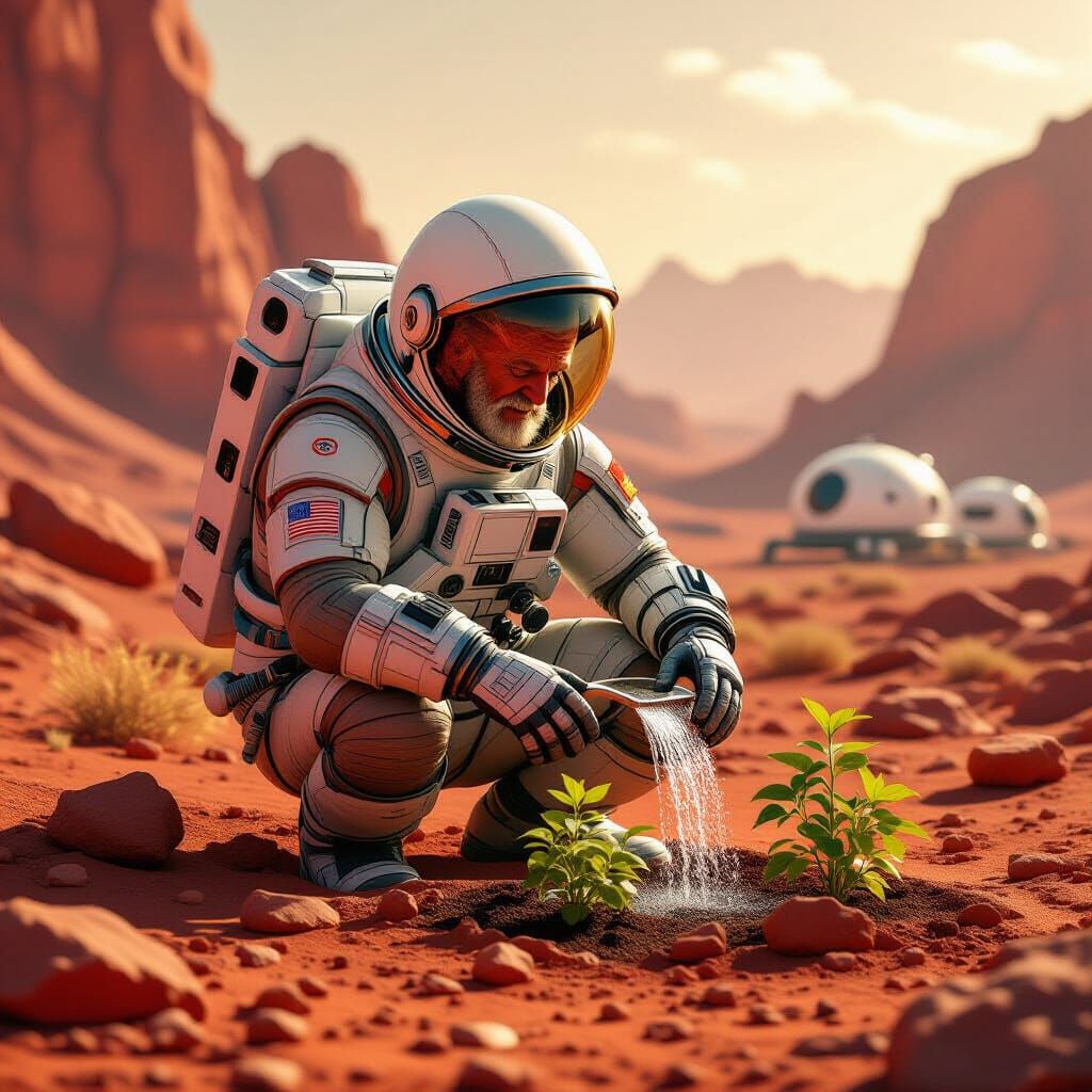 Elderly Astronaut's Martian Garden: Matte Painting Concept A...
