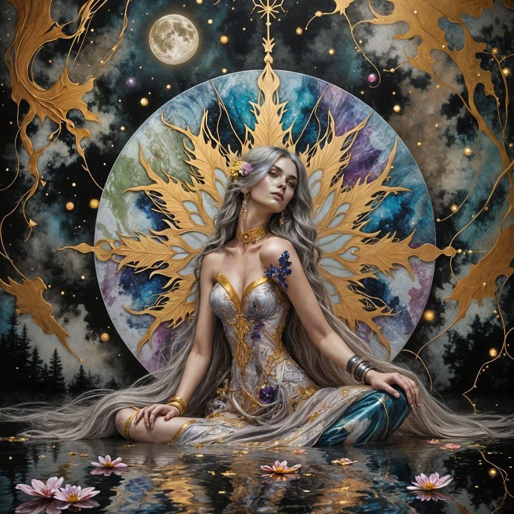 Ethereal Goddess in Serene Waterfront Scene