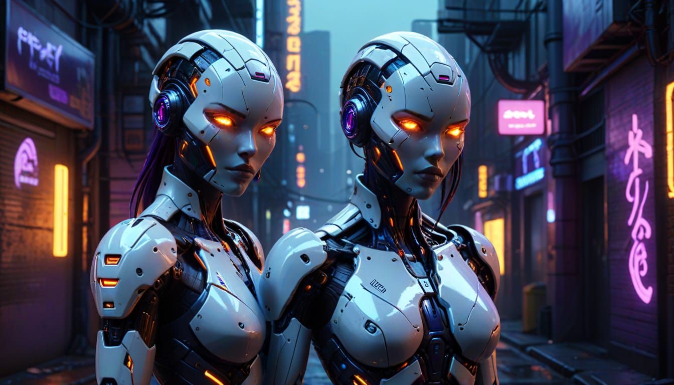 Cyberpunk Gynoid in Neon Cityscape