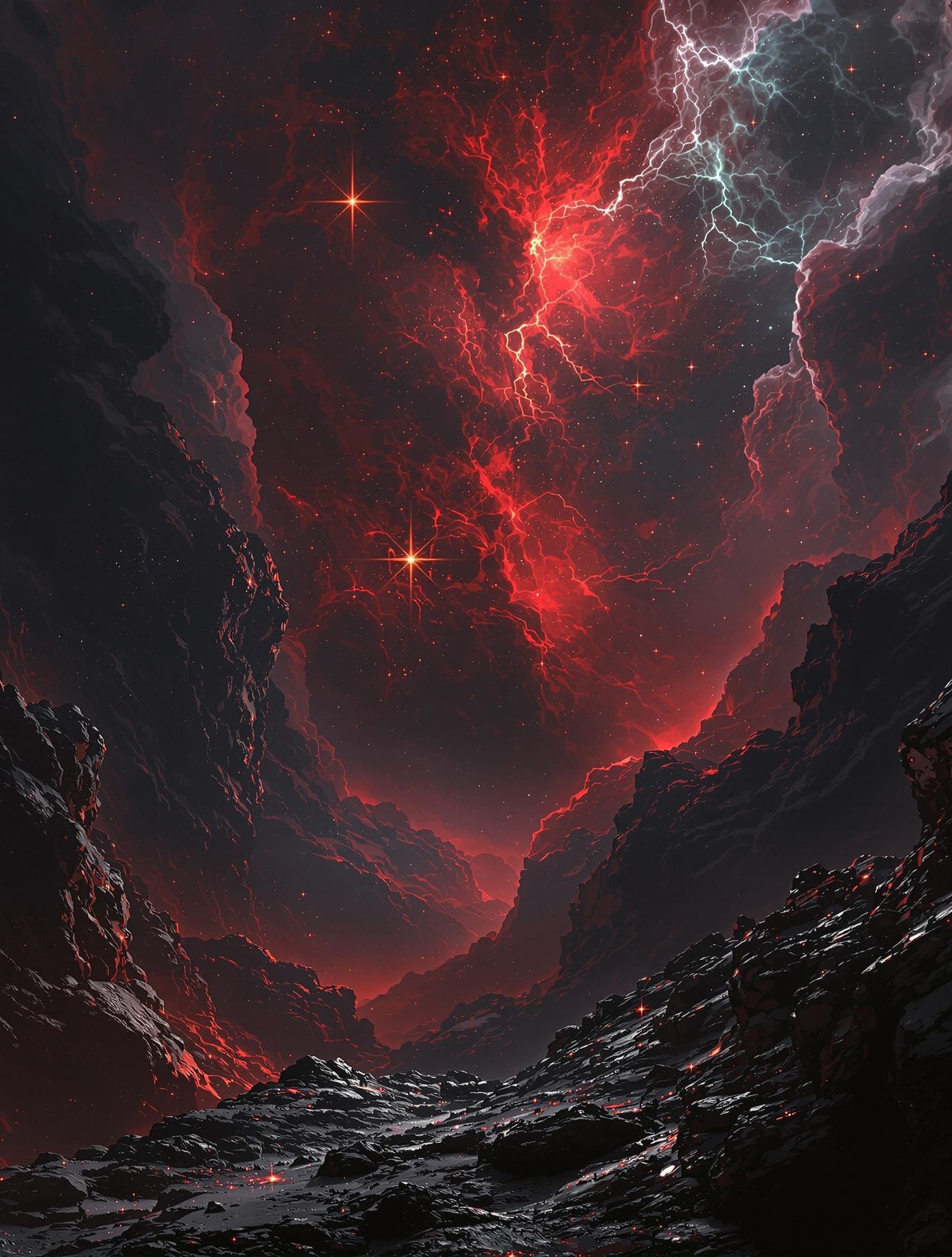 Surreal Crimson Cosmos in Dark, Glowing Stain Glass