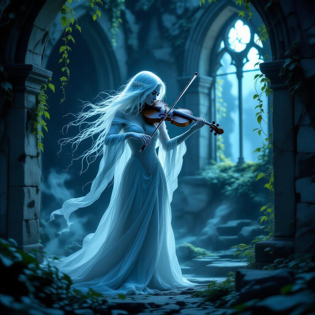 Ghostly Violinist in Moonlit Ruins