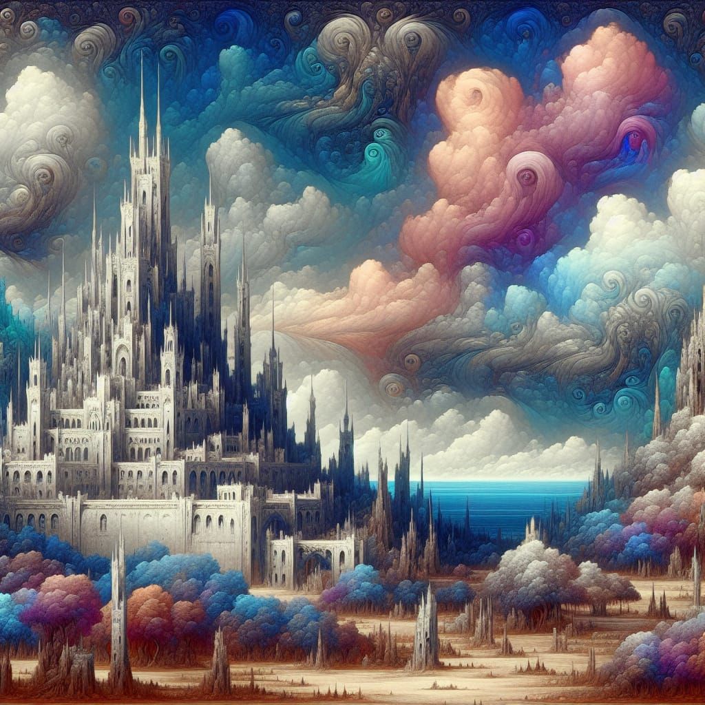 Majestic Fantasy Castle Under Indigo Skies with Whispers of...