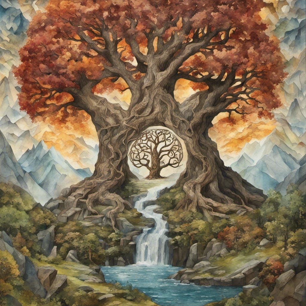 Yggdrasil and Norse Gods in Matte Painting Style