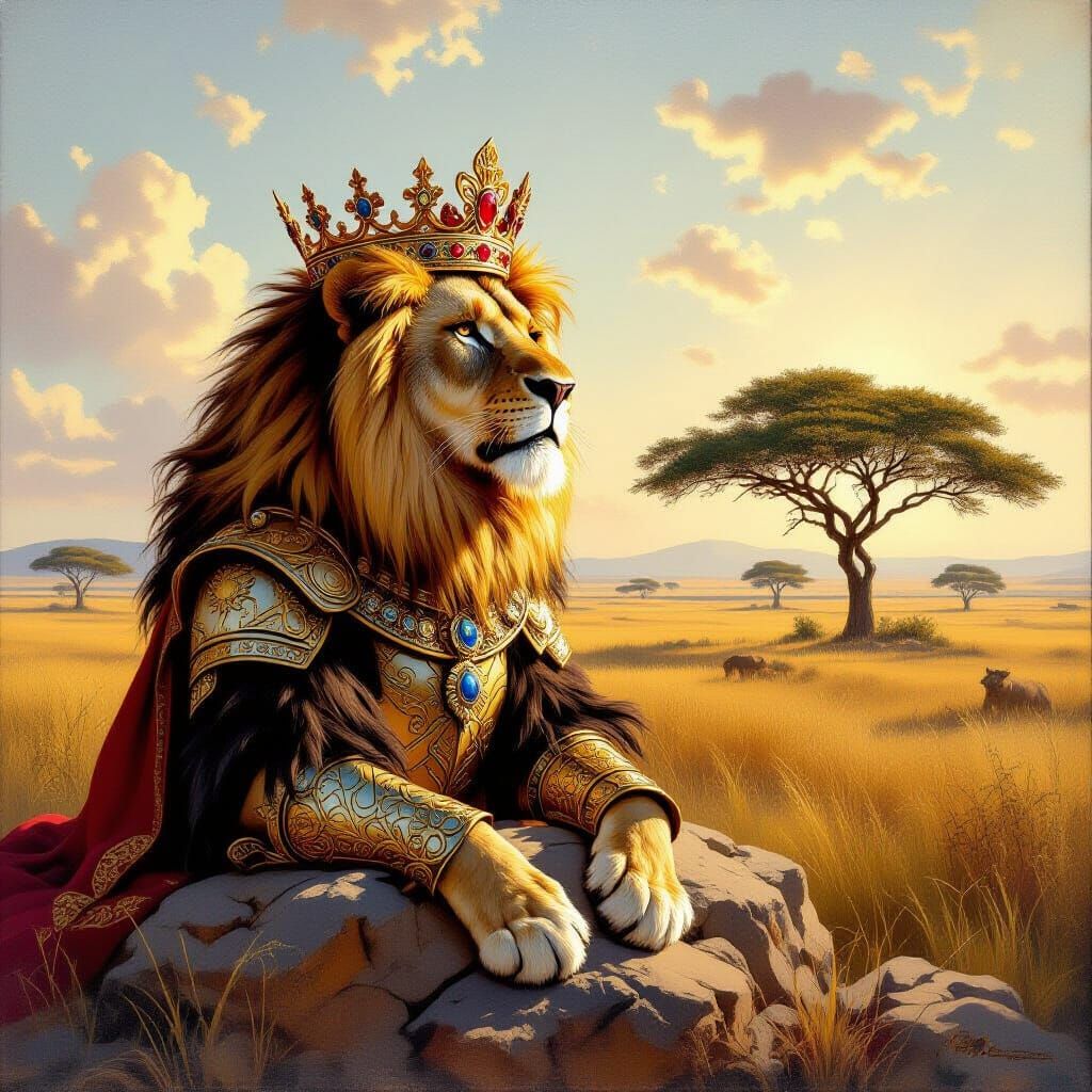 Majestic Lion King in Ornate Armor, Oil Painting Style
