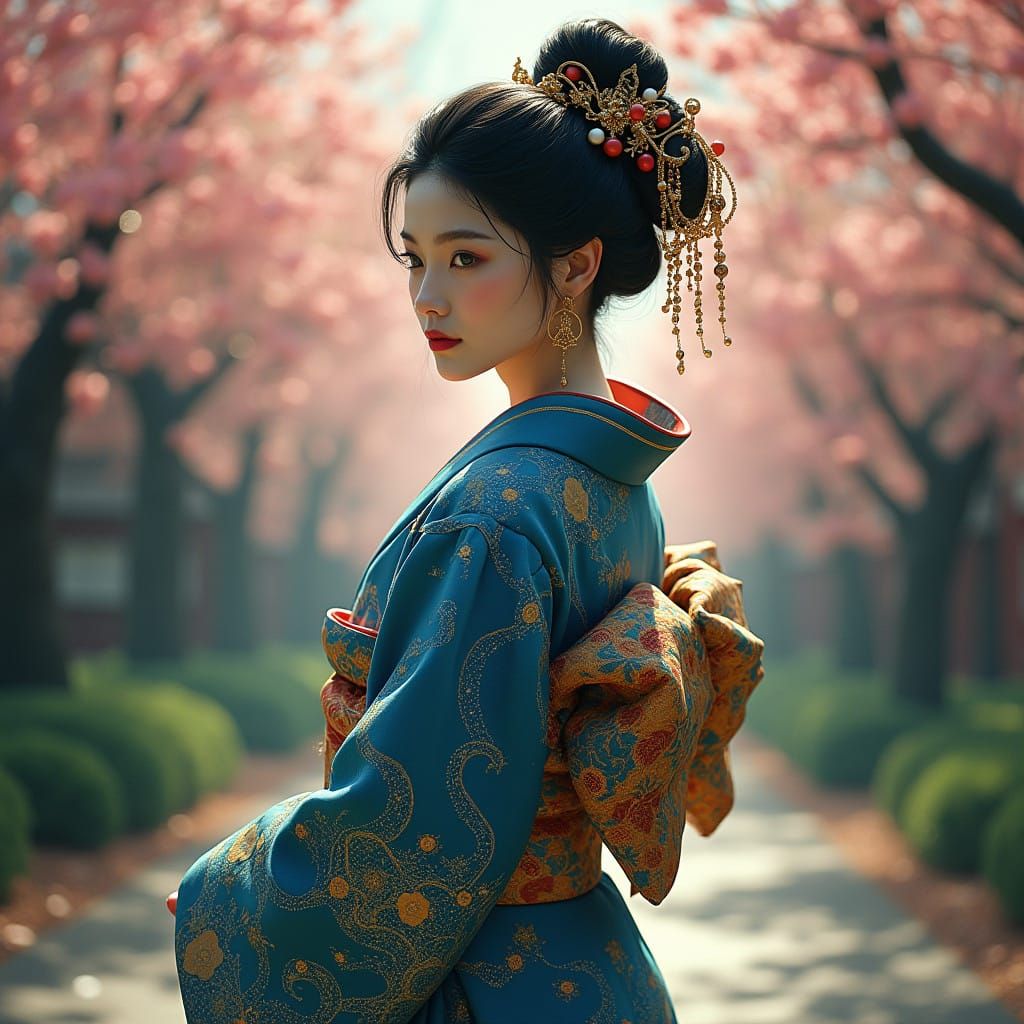 Goddess of the Arts in Majestic Cobalt Blue Kimono