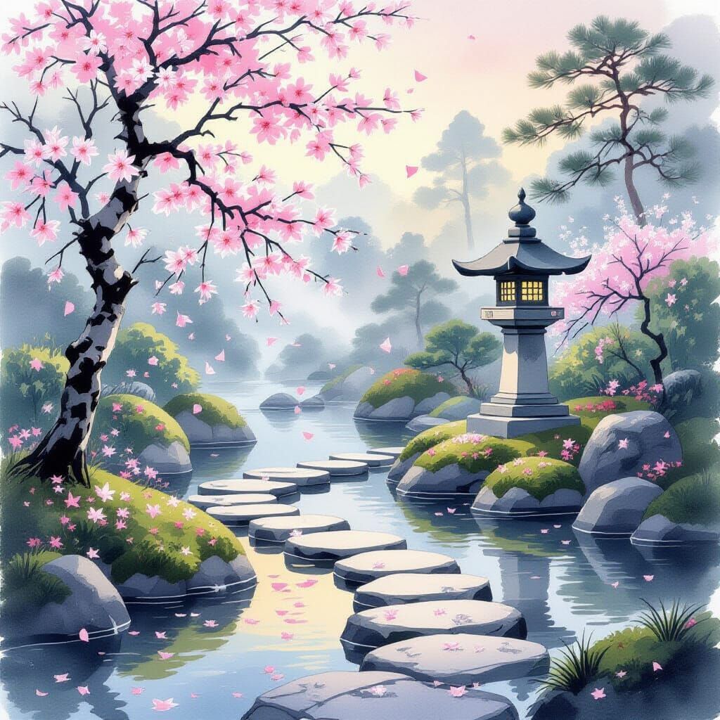 Peaceful Japanese Garden at Dawn in Sumi-e Style