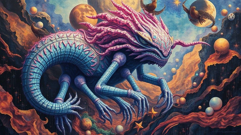 Iridescent Fractal Creature in Surreal Biomechanical Style