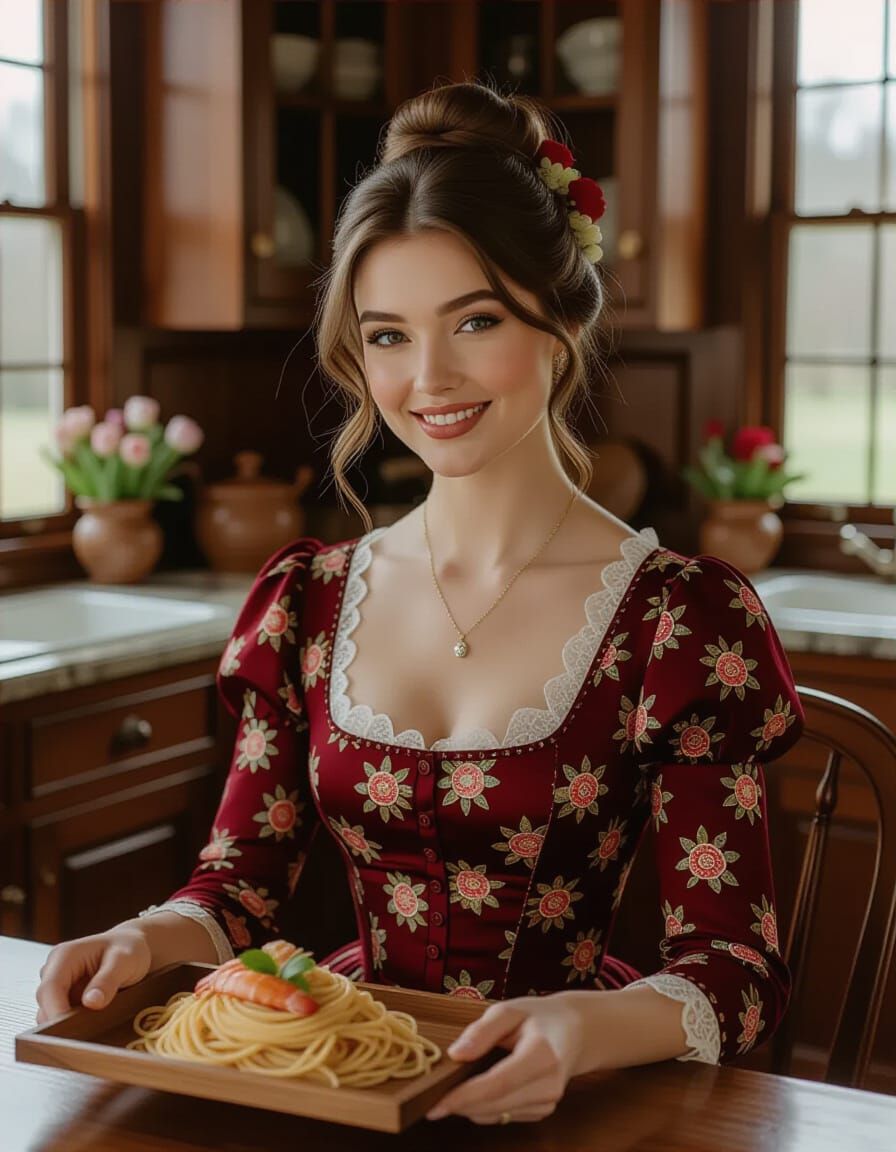Victorian Woman in Floral Dress with Seafood Tray