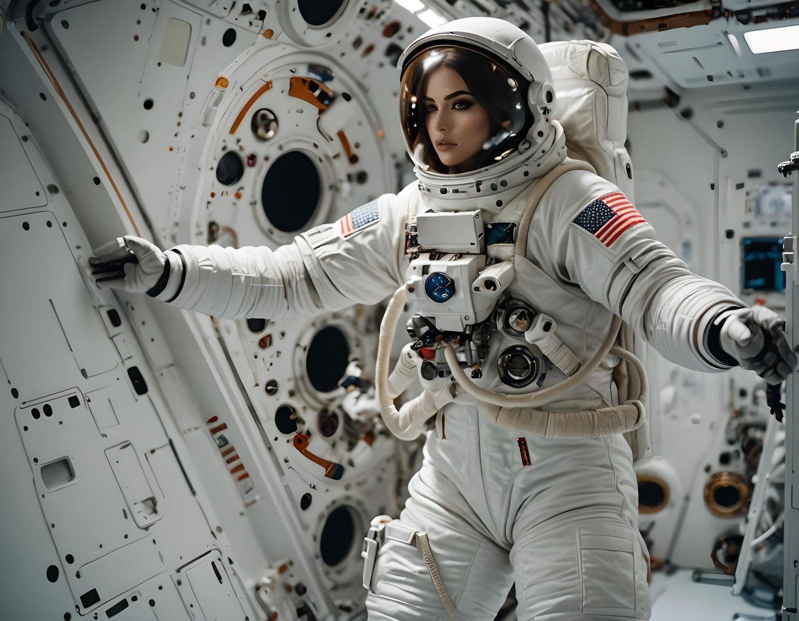 011 A beautiful female astronaut wearing a white spacesuit d...