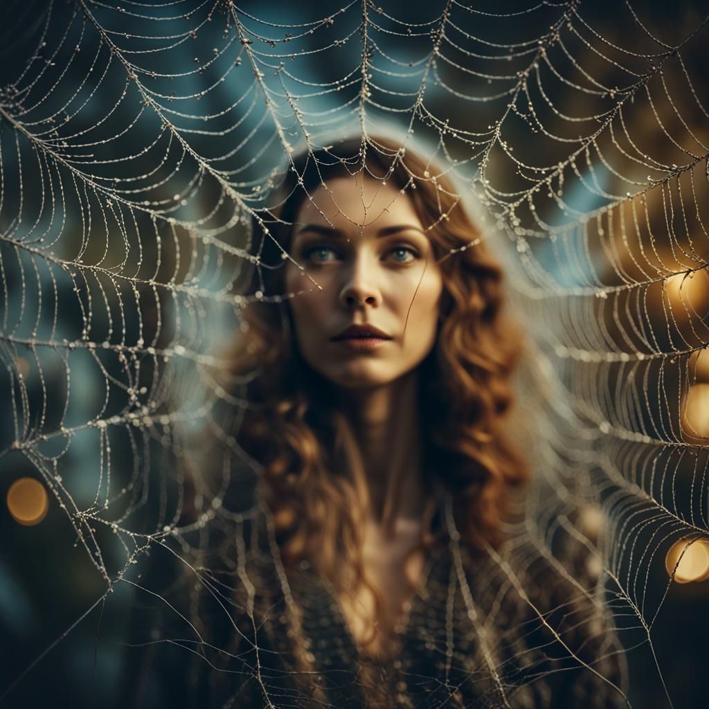 Eerie Woman in Cobweb, Ukrainian Folk Art Style