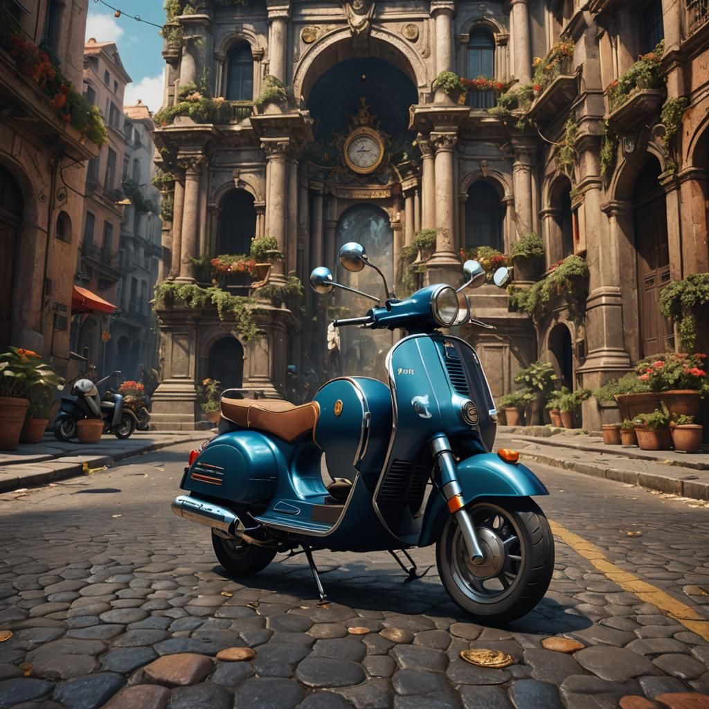 Man Arrives on Vespa: Detailed Fantasy Concept Art