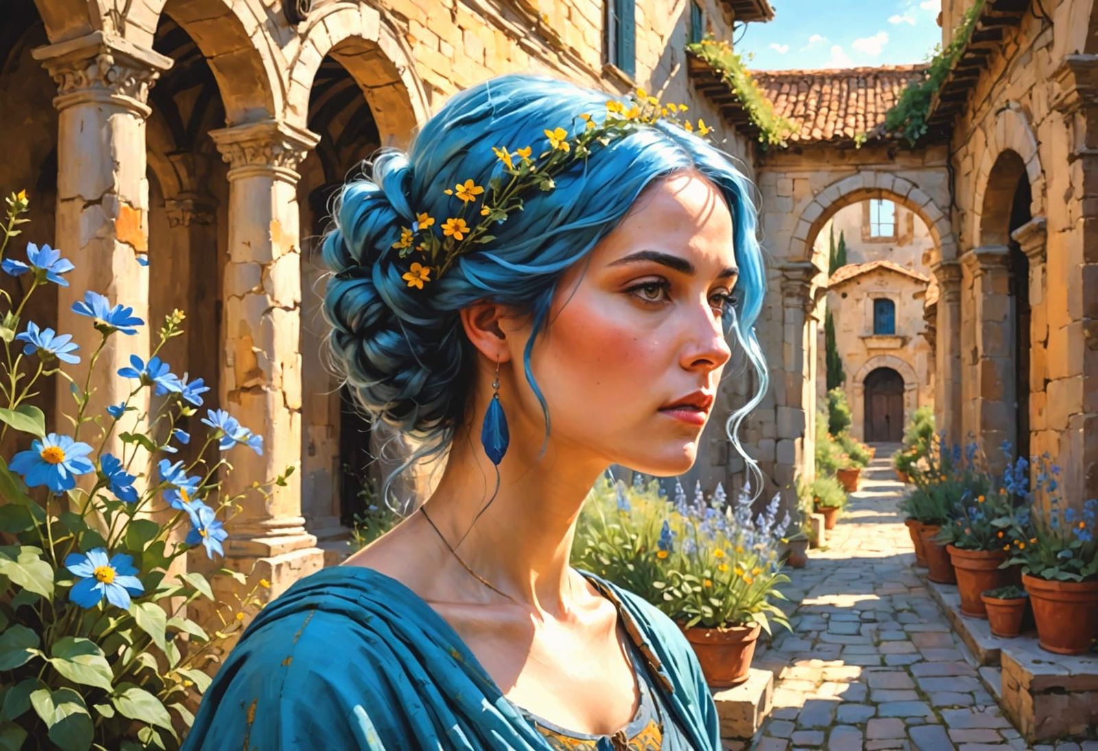 Roman Woman with Blue Hair in Courtyard Painting