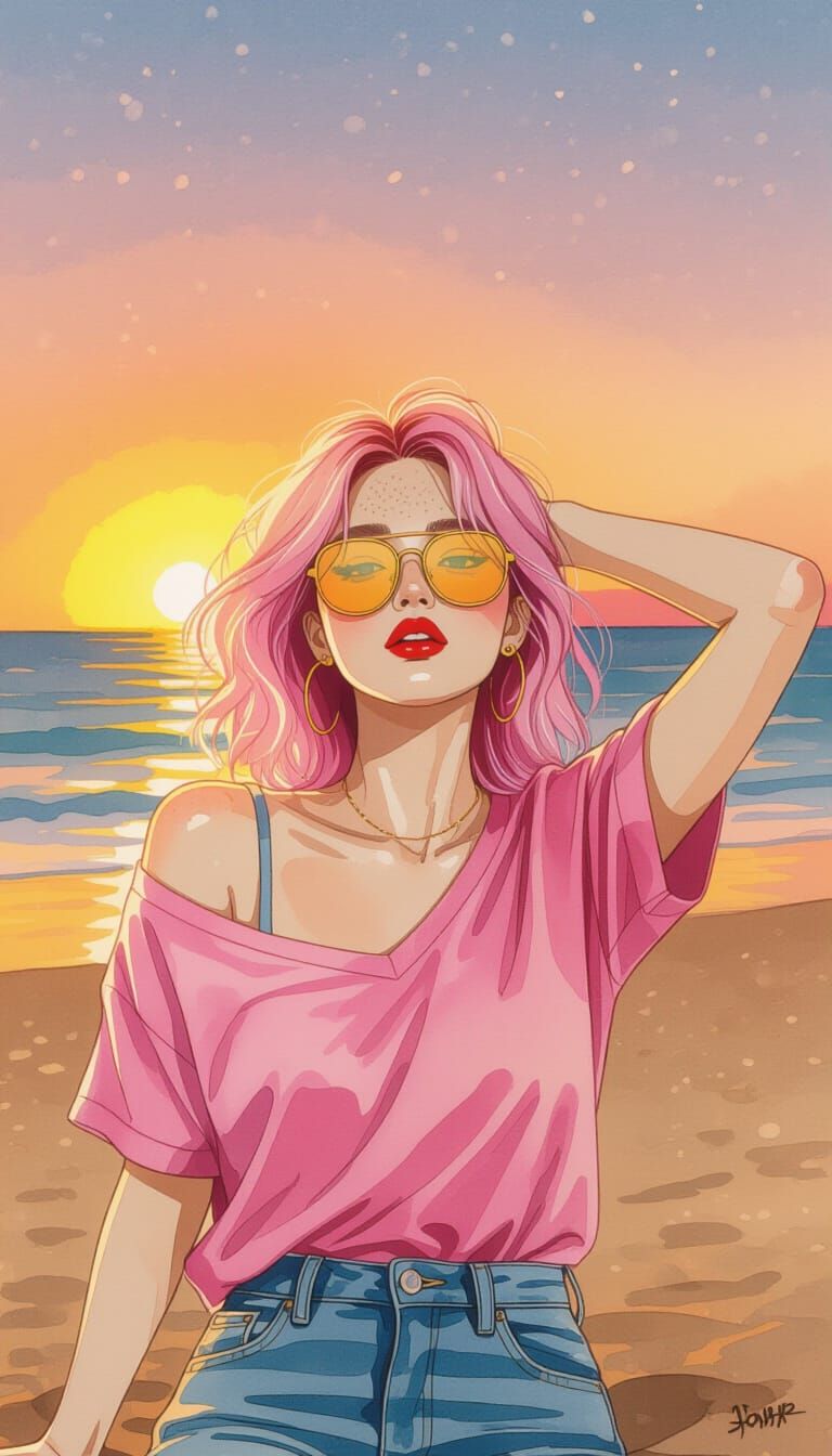 Sunset Beach Model in Alcohol Ink Style