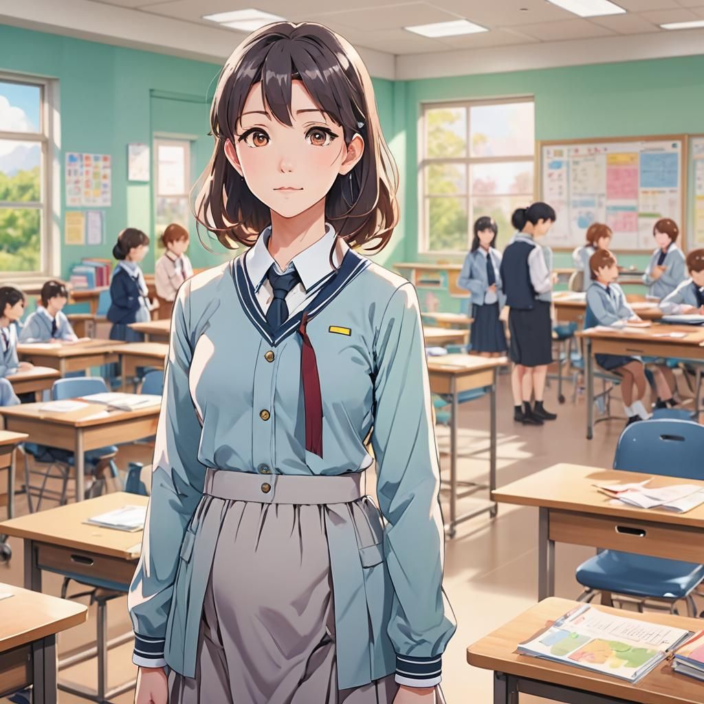 Anime Portrait of Pregnant Teacher in Classroom