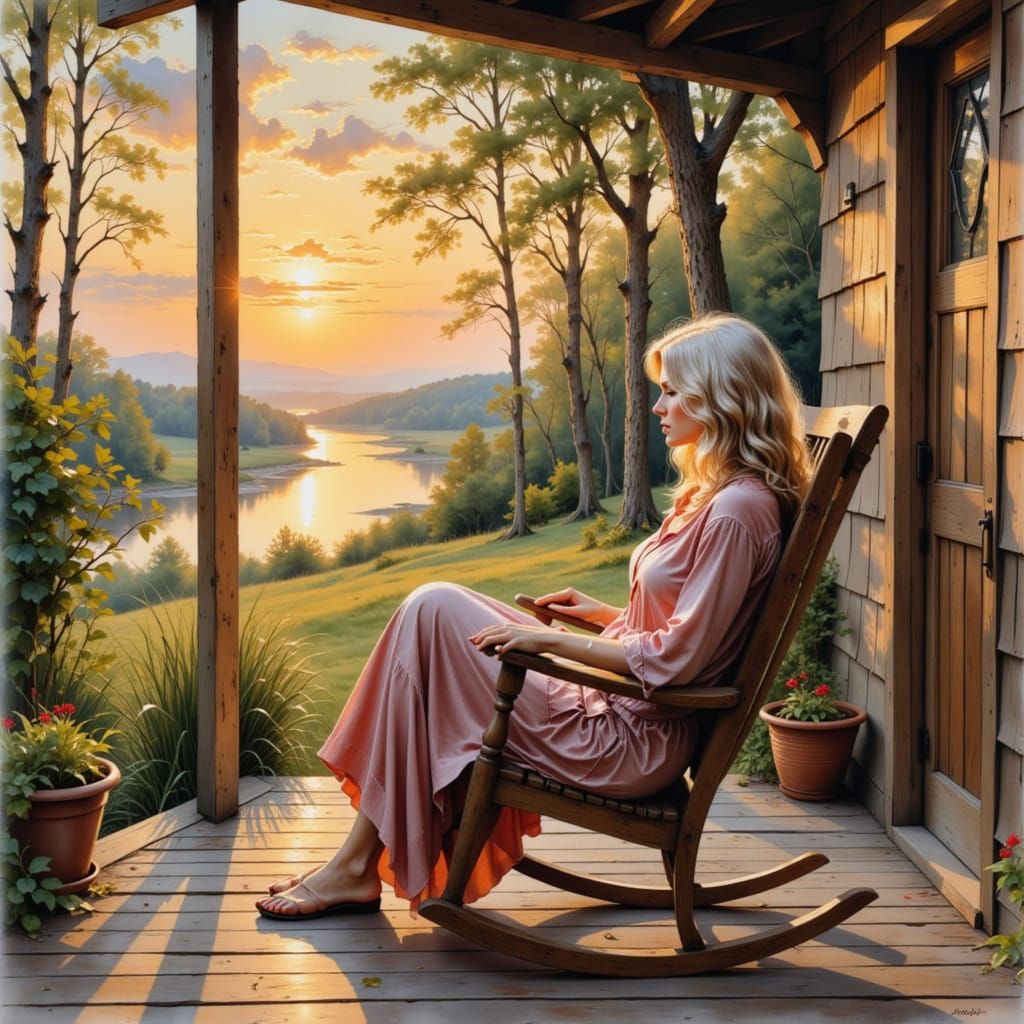 Serene Woman Enjoys Golden Hour Sunset on Porch in Watercolo...