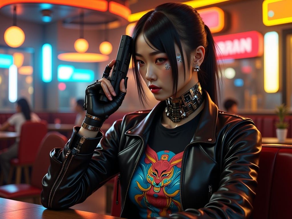 Chinese Android Bodyguard in Cyberpunk Art Deco Restaurant