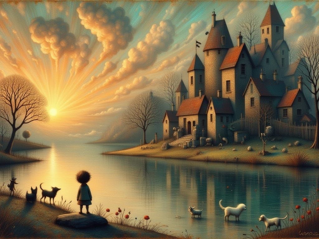 Enchanted Ruins Reflected in Sunset Lake