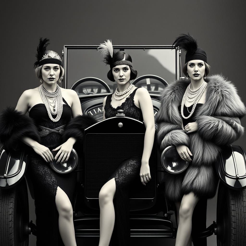 Flappers Pose in Front of Vintage Ford Model T