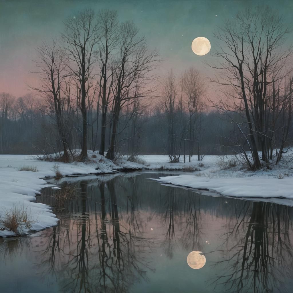 ""A Full Moon Rises Over the Winter Pond"