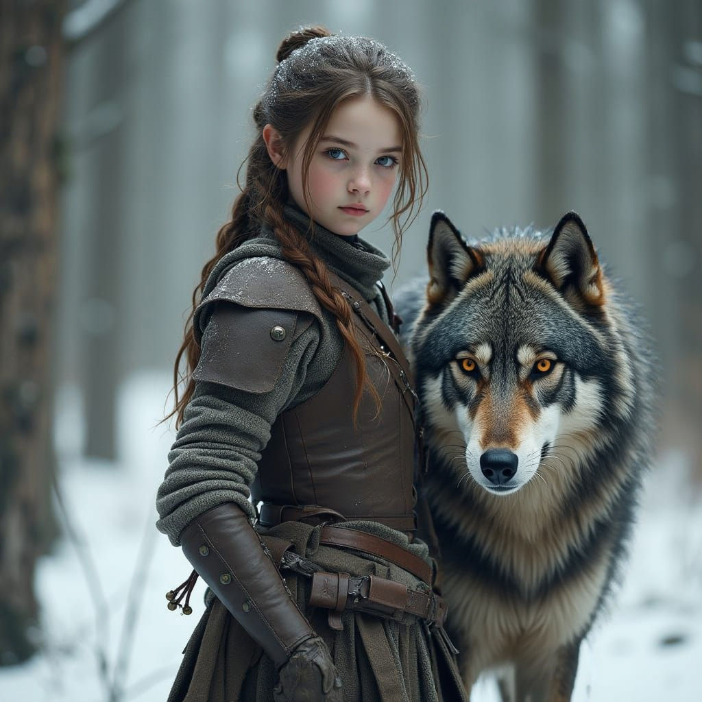 Arya Stark and a direwolf