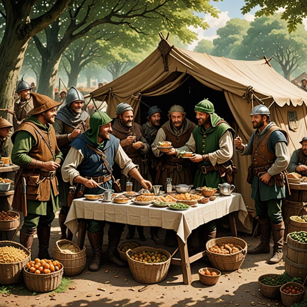 Medieval Heroes Share Feast with Wealthy Merchant in Colorfu...
