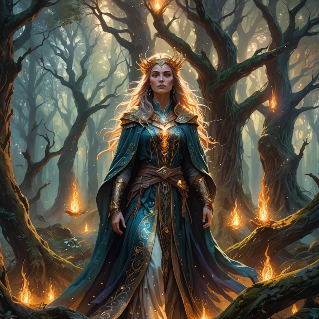 Powerful Sorceress in Mystical Forest: Fantasy Art