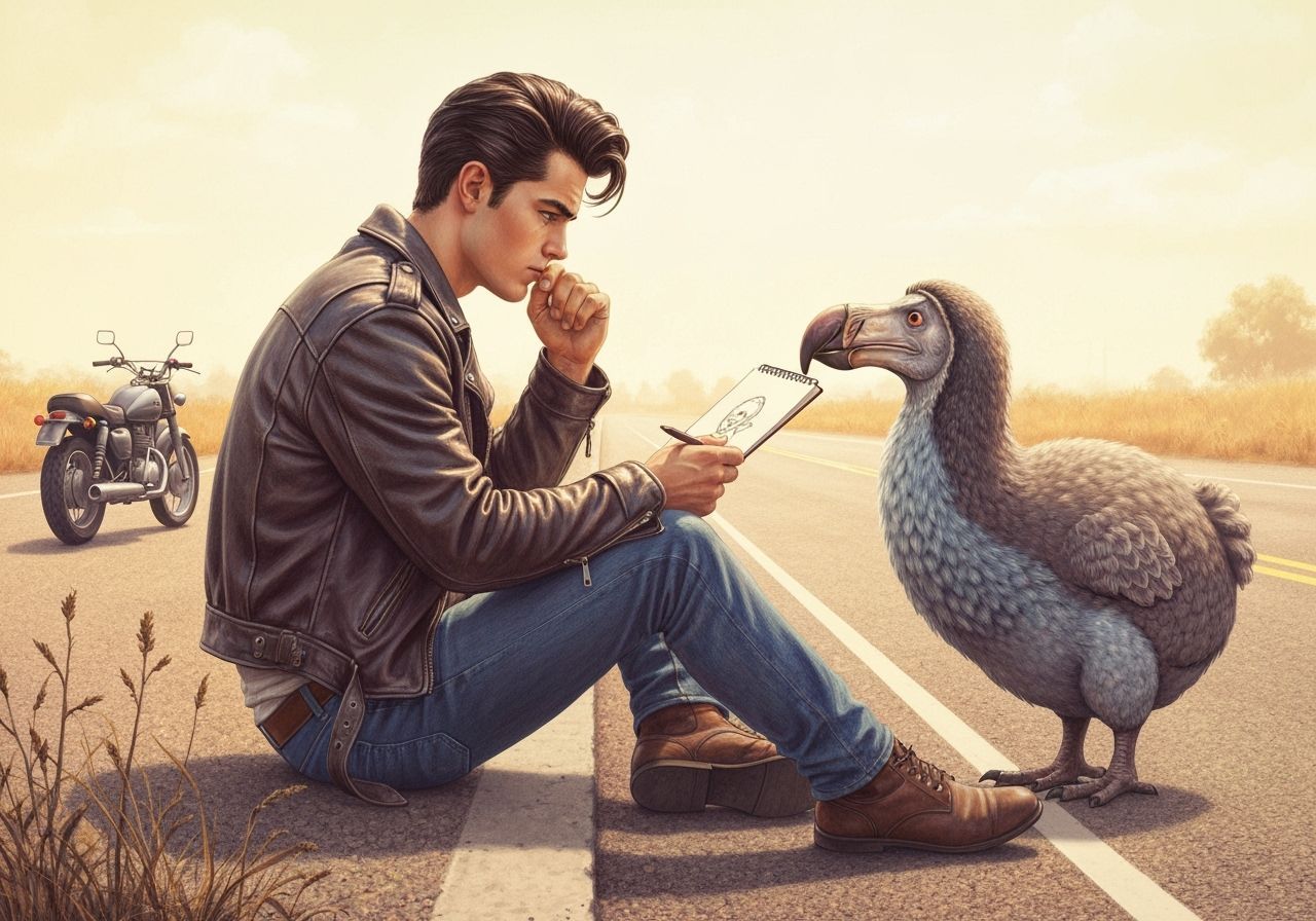 Greaser Sketches Dodo on Empty Highway in Hyperrealistic Sty...