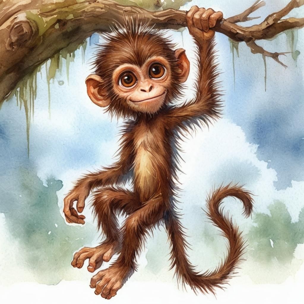 Monkey Hanging From Tree Branch