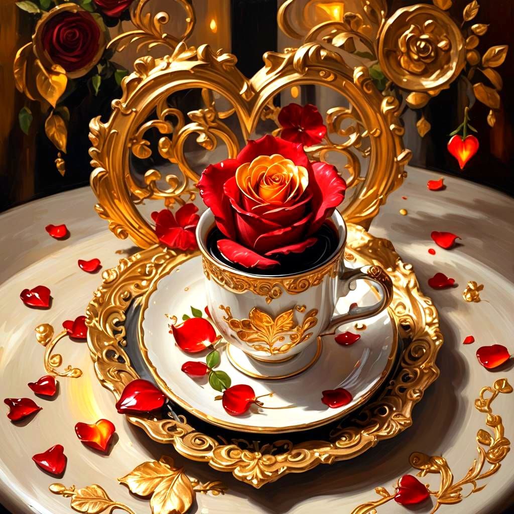 Glossy Cup in Heart with Red Rose, Matte Painting