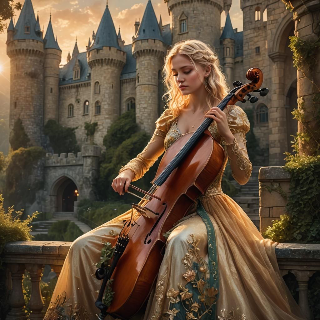 Fantasy Musician Plays Cello at Sunset