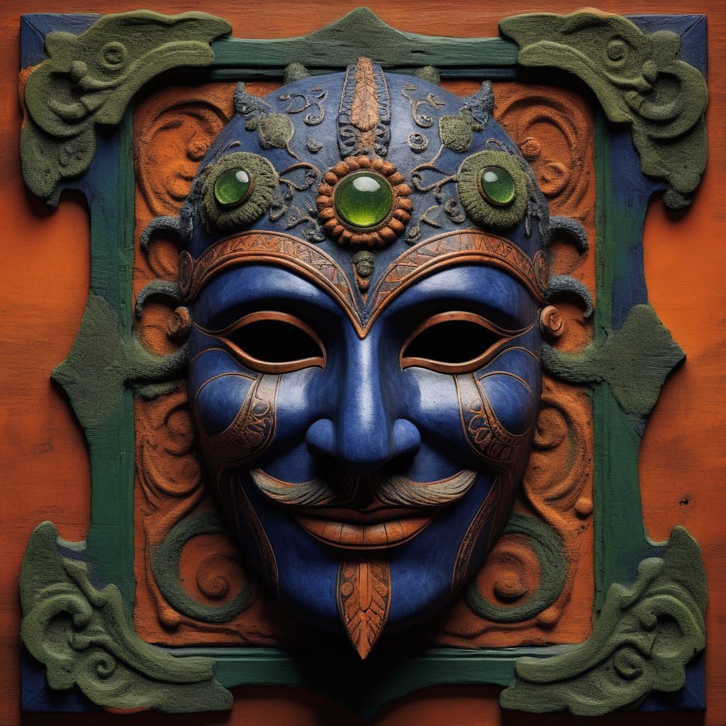 Ancient Wood Theater Mask in Dramatic, High-Contrast Lightin...