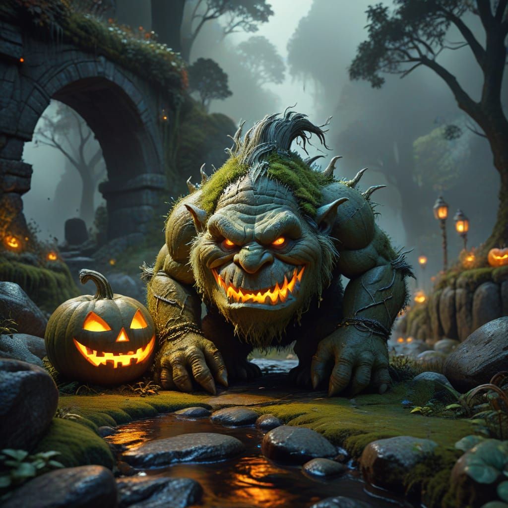 Moss Troll Carving Pumpkin in Magical Forest