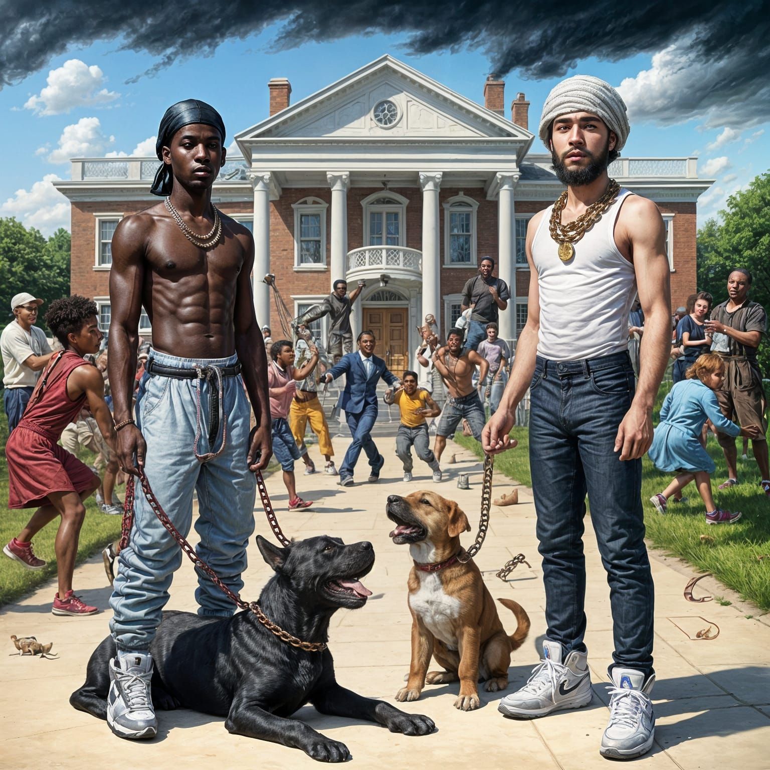 Album Cover: Men with Dogs in Chaotic Scene