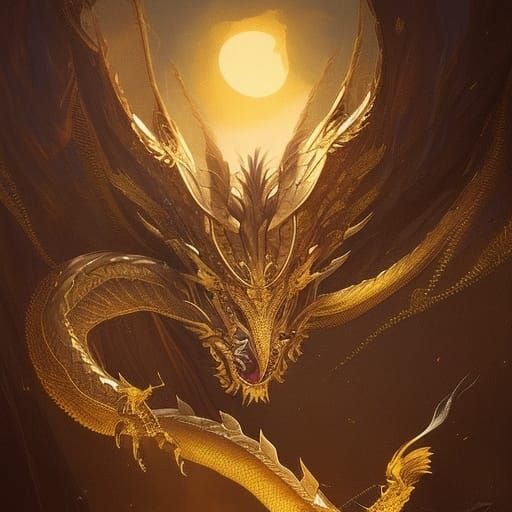 Gold Dragon Over Valley, Hyperdetailed Fantasy Art