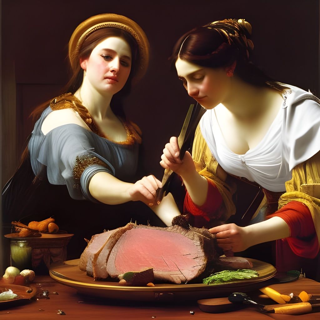 Judith carving roast beef (reimagined from Judith Slaying Holfernes, by Artemisia Gentileschi)