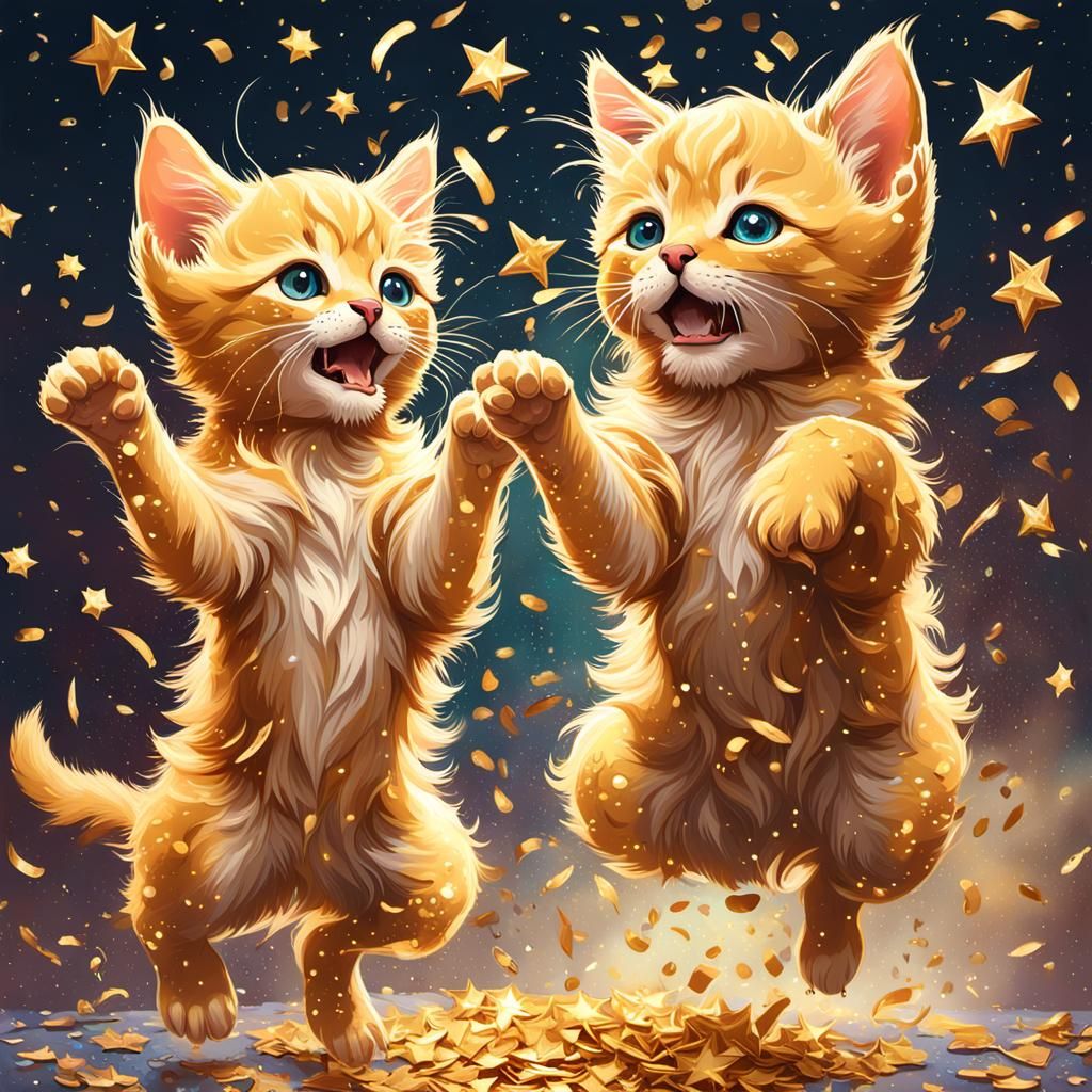 Golden Kittens Catching Confetti Stars: Splash Art