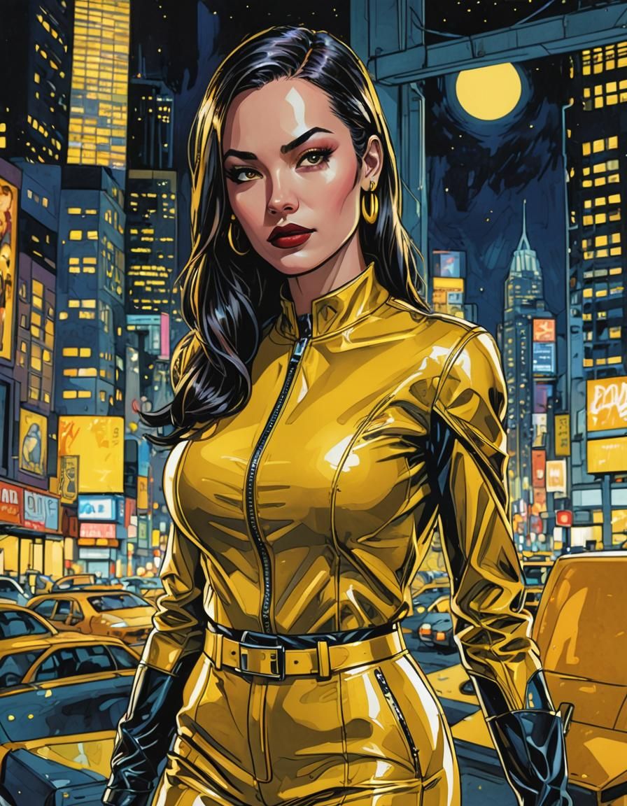 Night City Comic Book Heroine in Yellow Leather