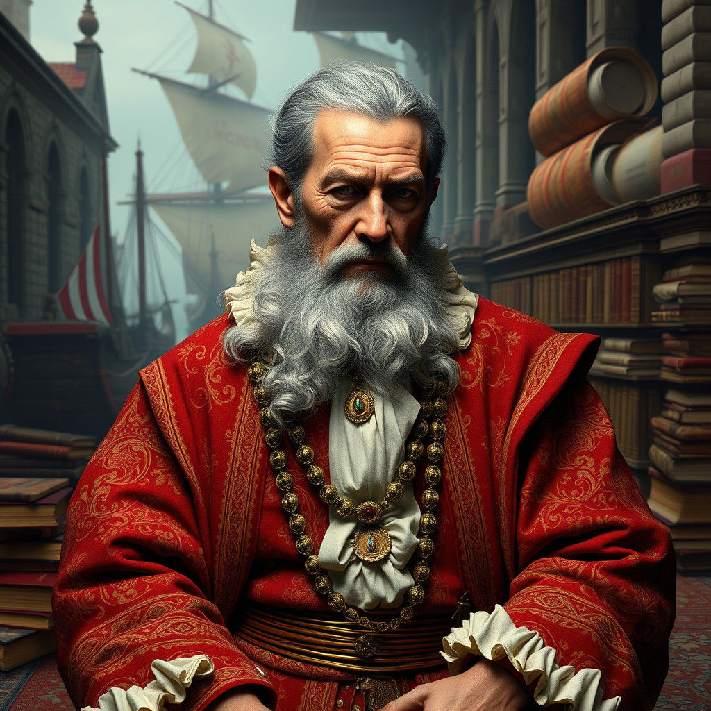 Venetian Merchant in Prayer with Caravels, Renaissance Style