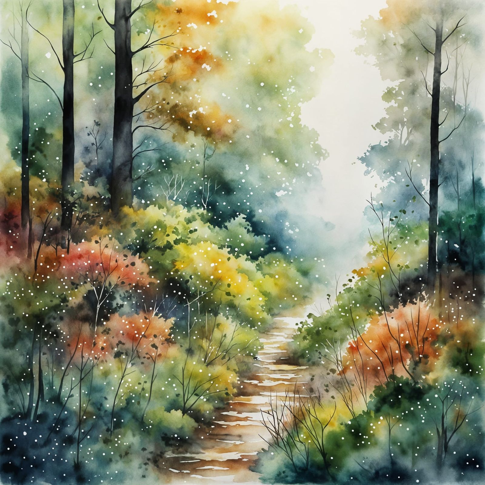 Misty Forest Morning Dew Watercolor Painting
