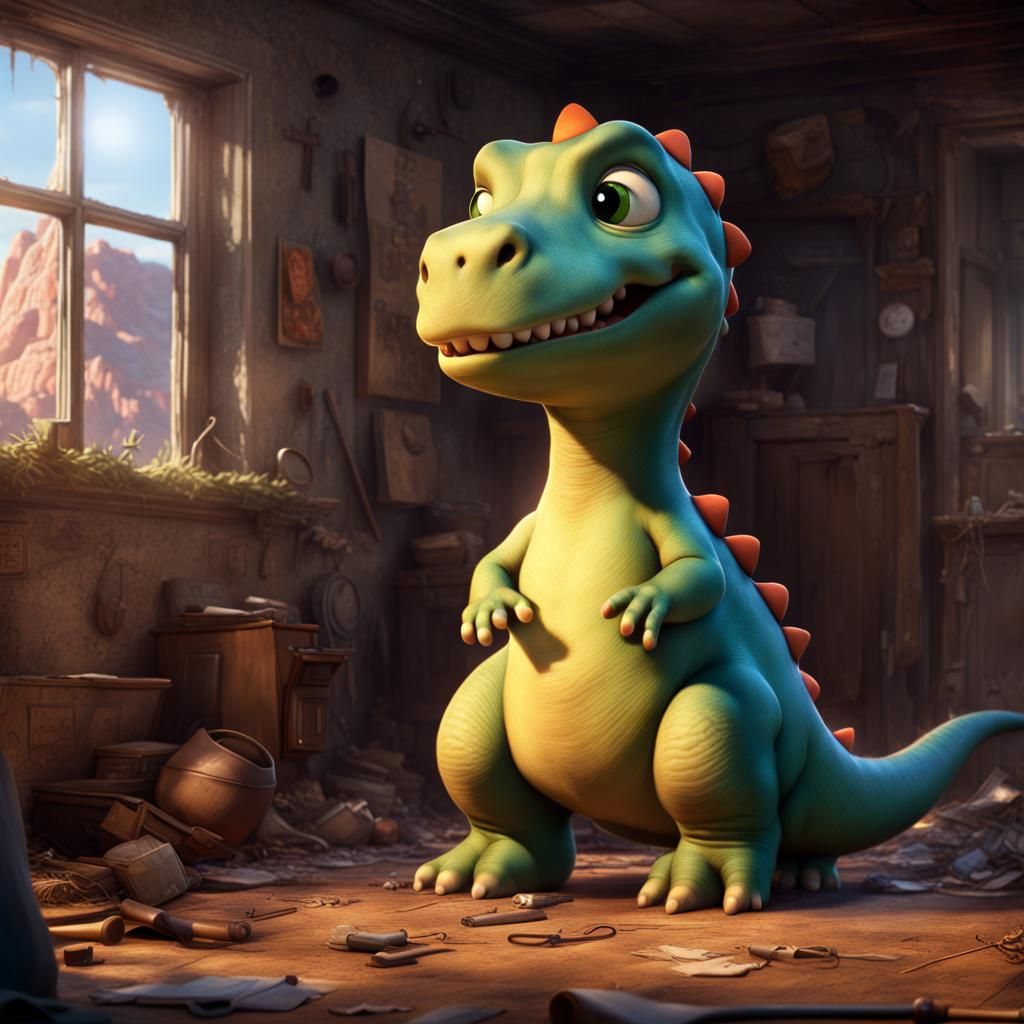 Cute Dino Explores Abandoned House, Pixar Style