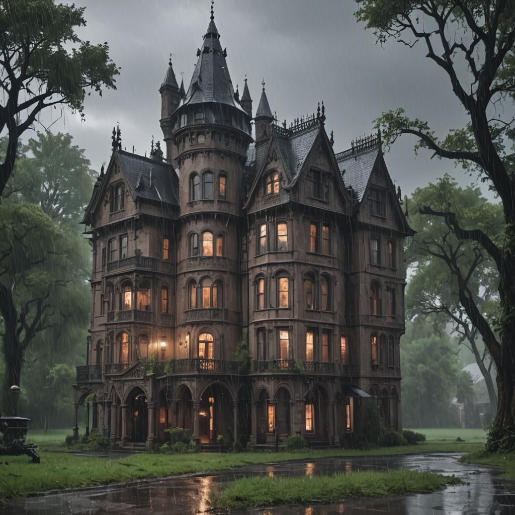 Gothic Mansion in Torrential Rain