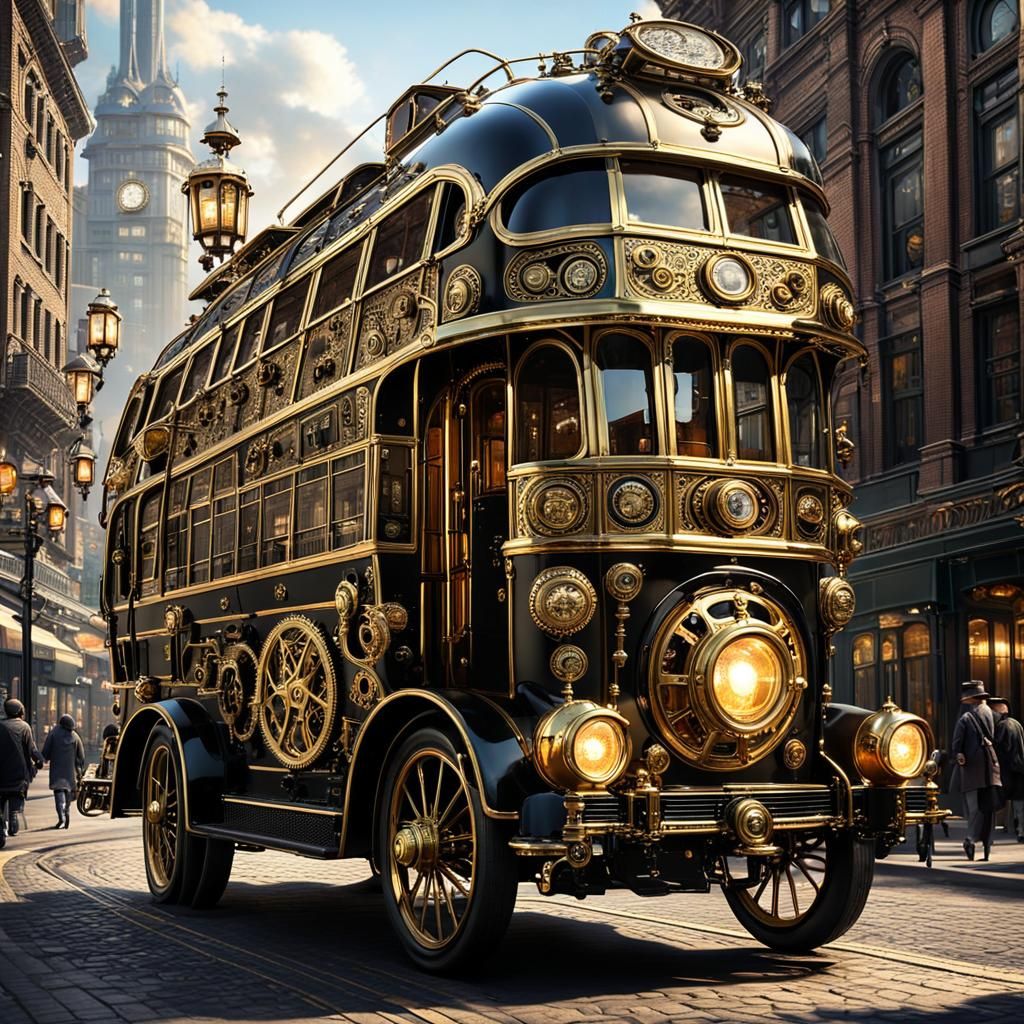 Steampunk Tour Bus in Bustling City, Digital Illustration