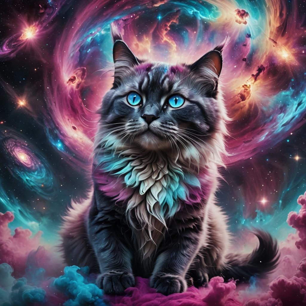 Majestic Galaxy Cat Floating in Nebula