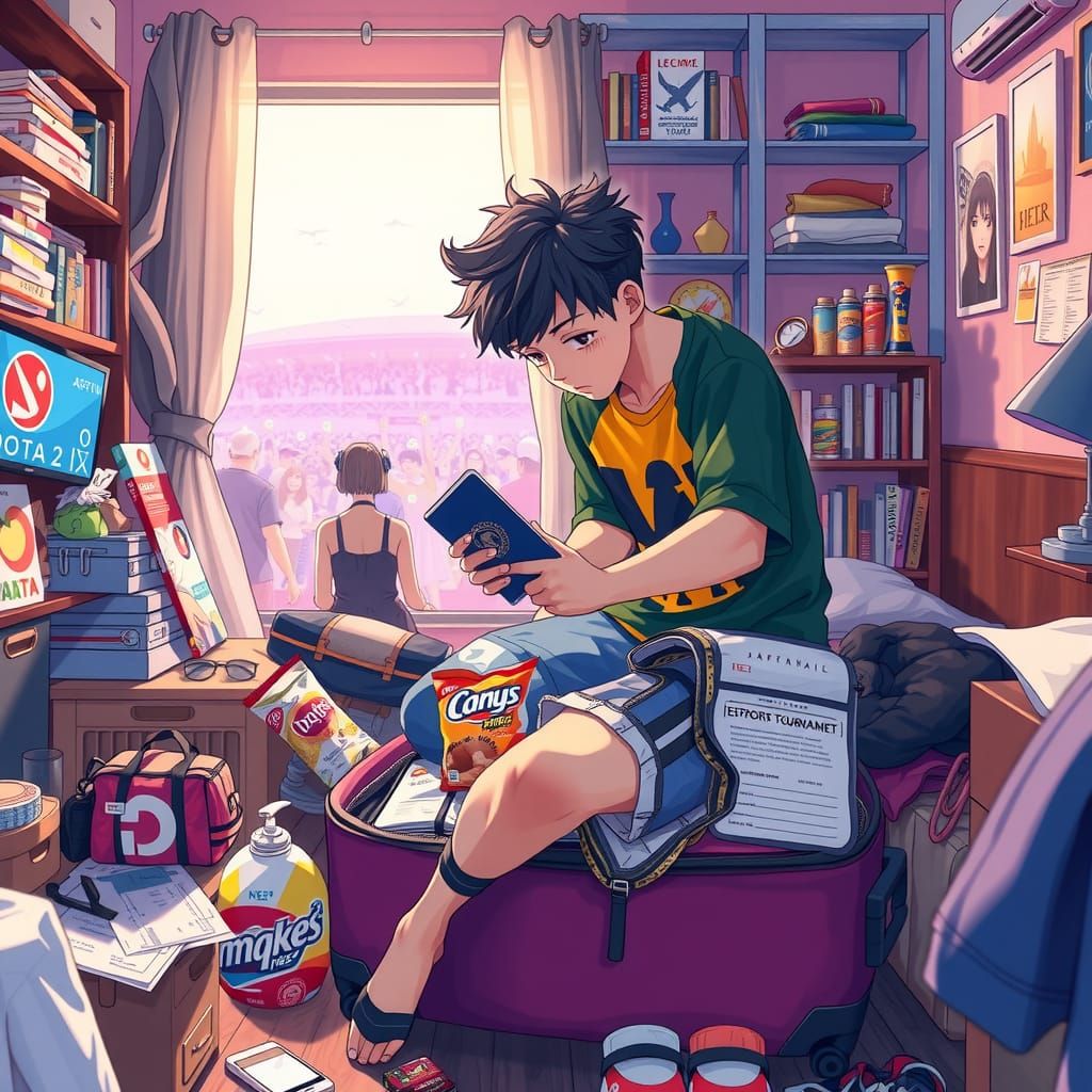 Anime Boy Packing for Esports Tournament
