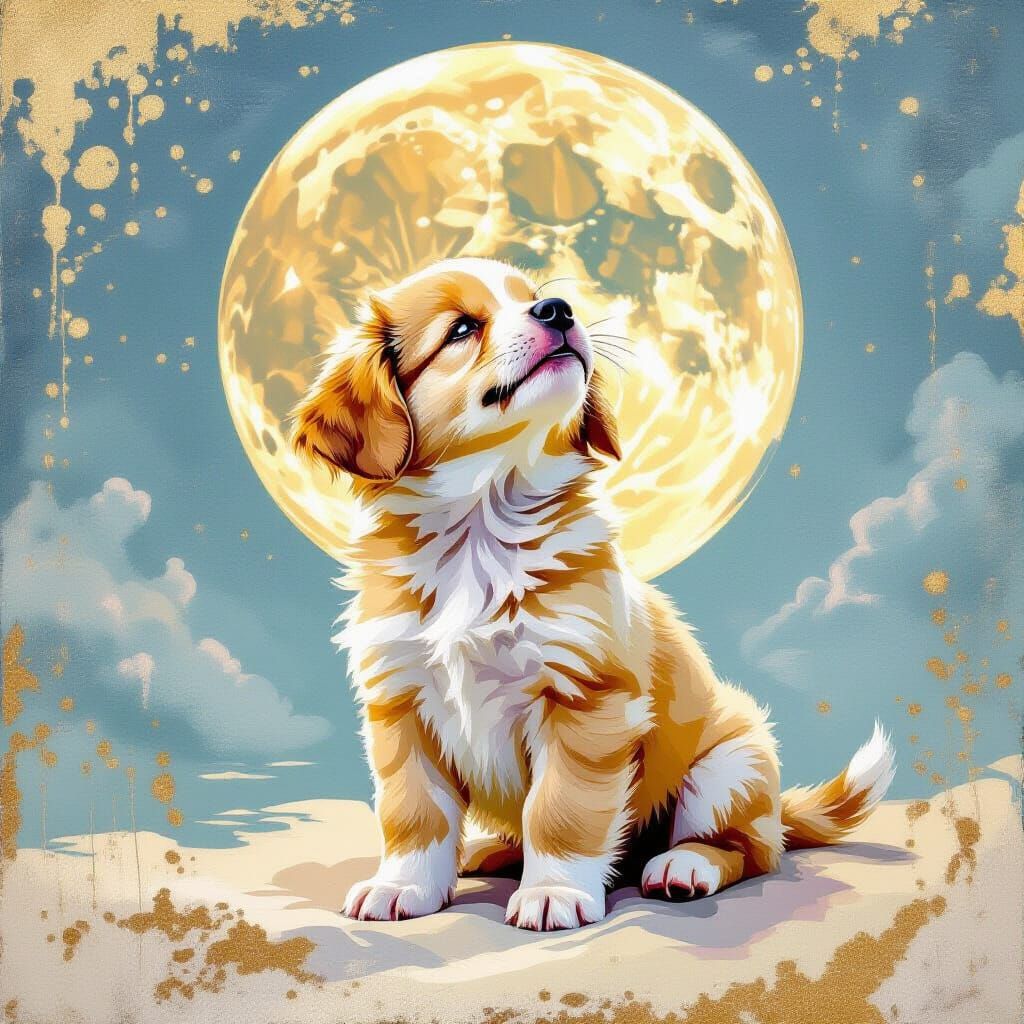 Puppy Howling at the Moon in Metamodern Style