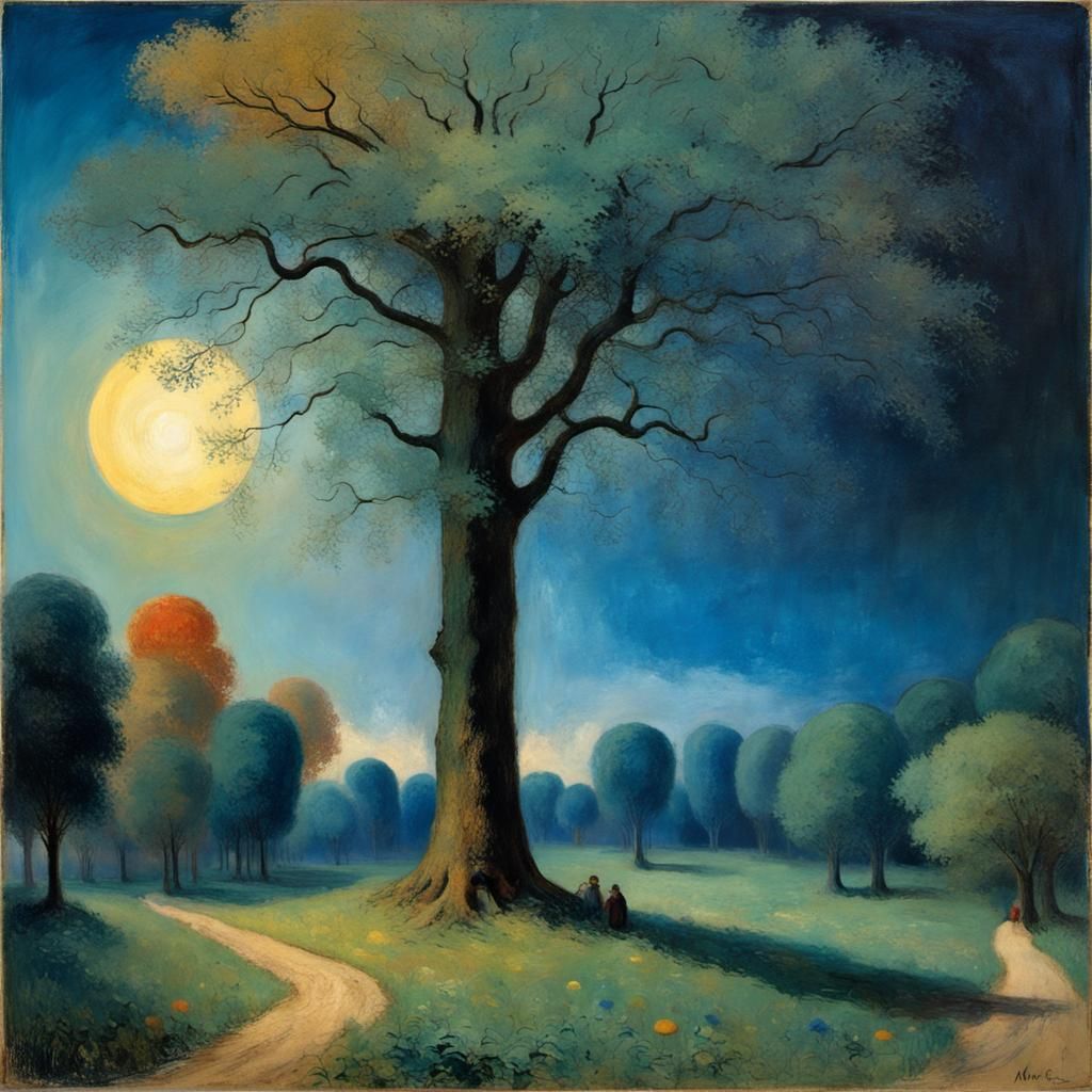 Surreal Nocturnal Trees with Colorful Leaves