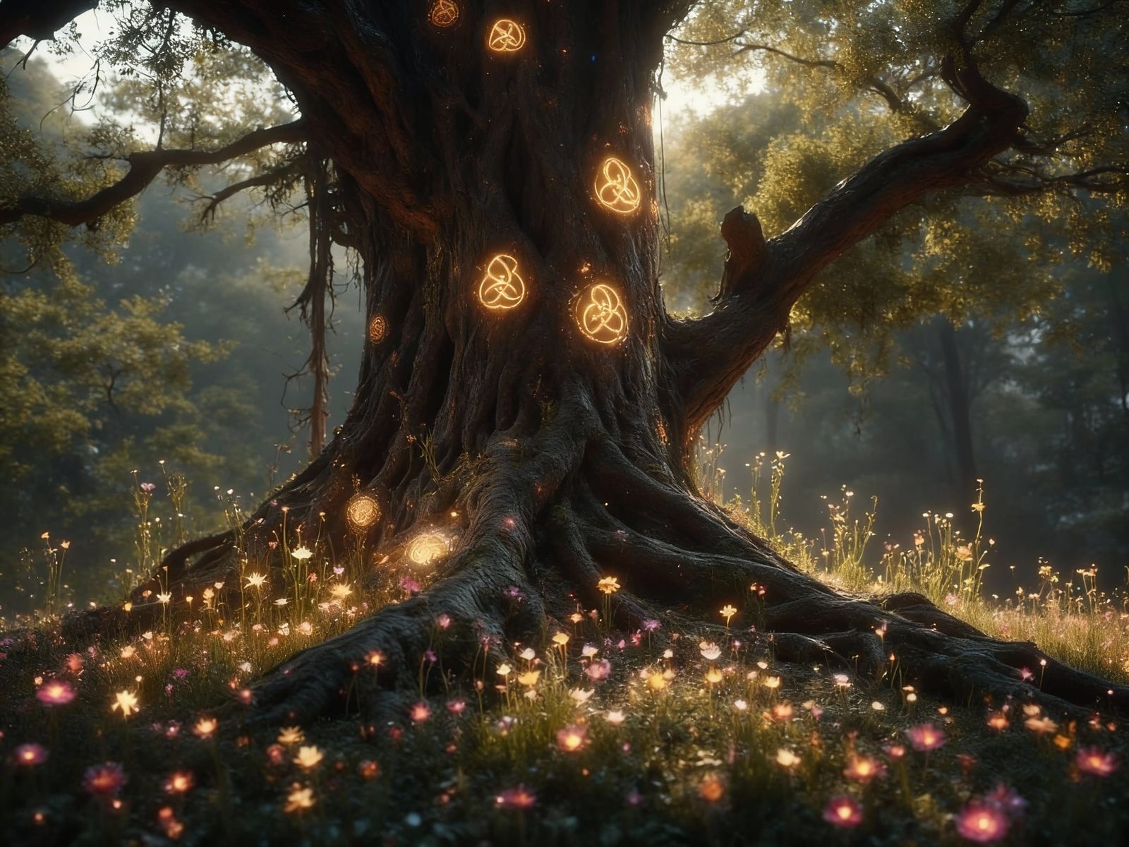 Ancient Mystical Tree of Knowledge in Sun-Dappled Glade