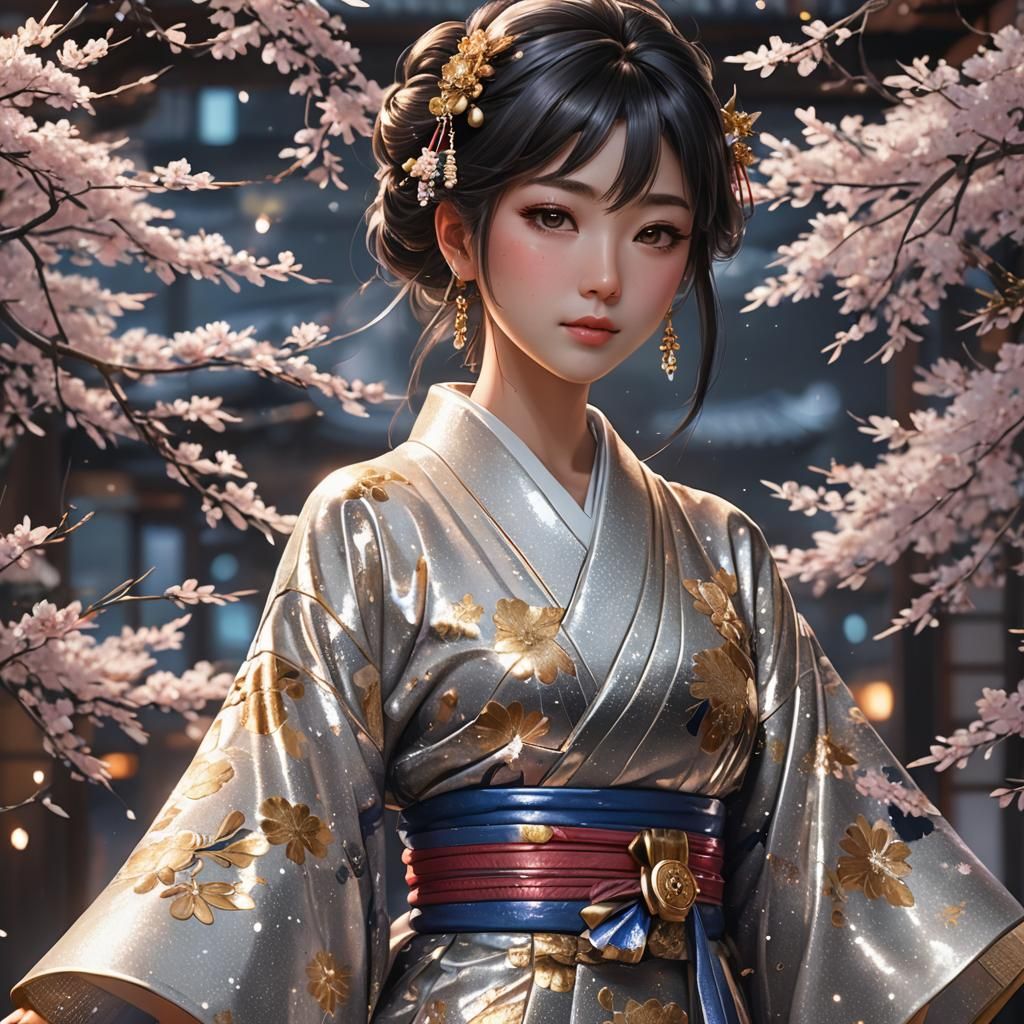 Sparkly Kimono: 3D Anime Art Inspired by WLOP