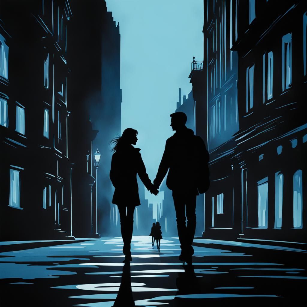 Pale Blue Silhouettes in Black City, Acrylic Art